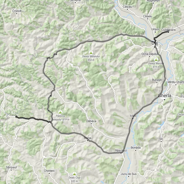 Map miniature of "Road cycling around Cuzdrioara" cycling inspiration in Nord-Vest, Romania. Generated by Tarmacs.app cycling route planner