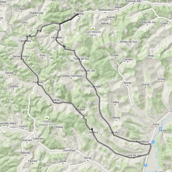 Map miniature of "The Cluj Countryside Adventure" cycling inspiration in Nord-Vest, Romania. Generated by Tarmacs.app cycling route planner