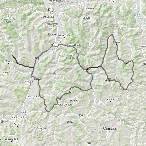 Map miniature of "The Rural Escapade" cycling inspiration in Nord-Vest, Romania. Generated by Tarmacs.app cycling route planner