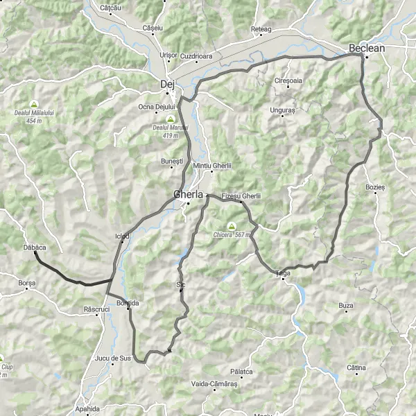 Map miniature of "The Countryside Loop" cycling inspiration in Nord-Vest, Romania. Generated by Tarmacs.app cycling route planner