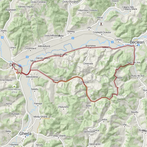 Map miniature of "Exploring the Gravel Trails" cycling inspiration in Nord-Vest, Romania. Generated by Tarmacs.app cycling route planner