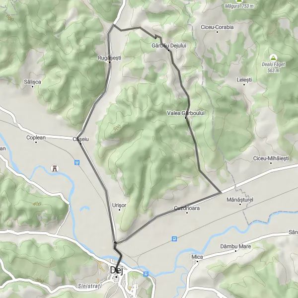 Map miniature of "Dej - Rugășești Circular" cycling inspiration in Nord-Vest, Romania. Generated by Tarmacs.app cycling route planner