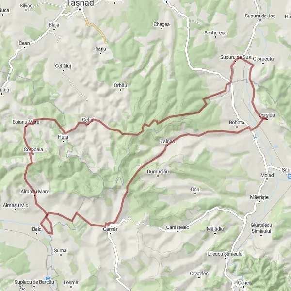Map miniature of "Derșida Gravel Adventure" cycling inspiration in Nord-Vest, Romania. Generated by Tarmacs.app cycling route planner