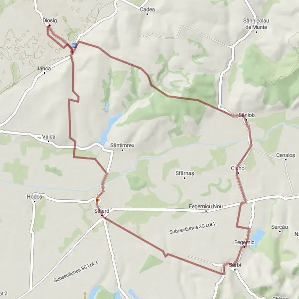 Map miniature of "Diosig to Sâniob Gravel Route" cycling inspiration in Nord-Vest, Romania. Generated by Tarmacs.app cycling route planner