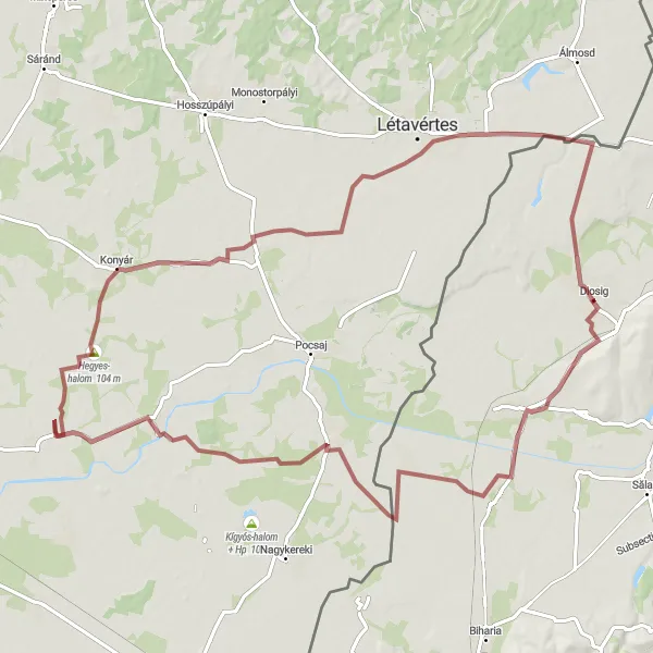 Map miniature of "Diosig to Konyár Gravel Cycling Route" cycling inspiration in Nord-Vest, Romania. Generated by Tarmacs.app cycling route planner