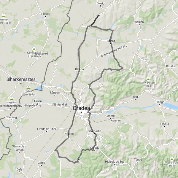 Map miniature of "Diosig to Nojorid Loop Road Route" cycling inspiration in Nord-Vest, Romania. Generated by Tarmacs.app cycling route planner