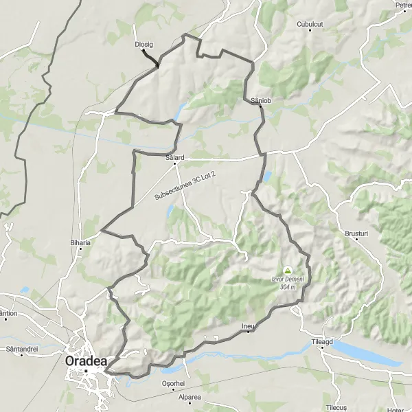 Map miniature of "Diosig to Cetariu Loop Road Route" cycling inspiration in Nord-Vest, Romania. Generated by Tarmacs.app cycling route planner