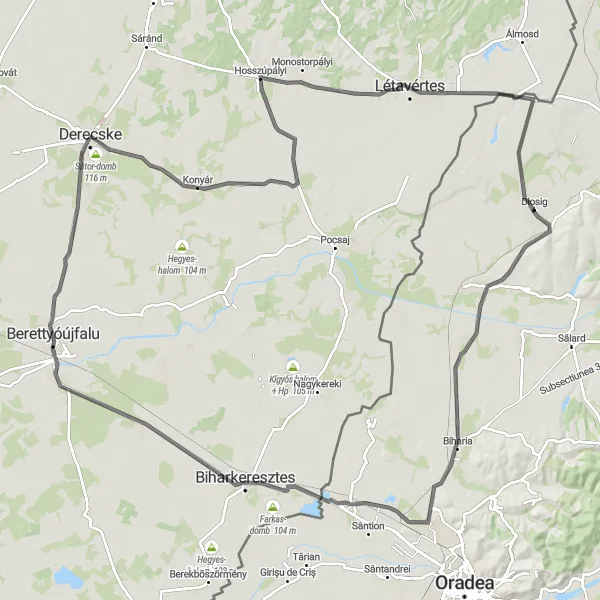 Map miniature of "Diosig to Hosszúpályi Road Route" cycling inspiration in Nord-Vest, Romania. Generated by Tarmacs.app cycling route planner