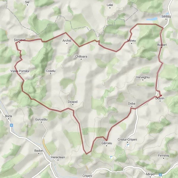 Map miniature of "Doba Gravel Loop" cycling inspiration in Nord-Vest, Romania. Generated by Tarmacs.app cycling route planner