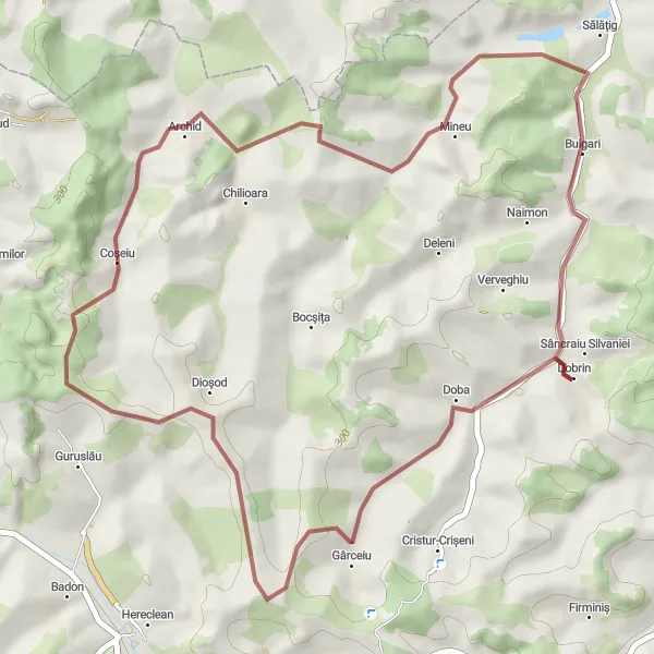 Map miniature of "Dobrin to Gârceiu Loop" cycling inspiration in Nord-Vest, Romania. Generated by Tarmacs.app cycling route planner