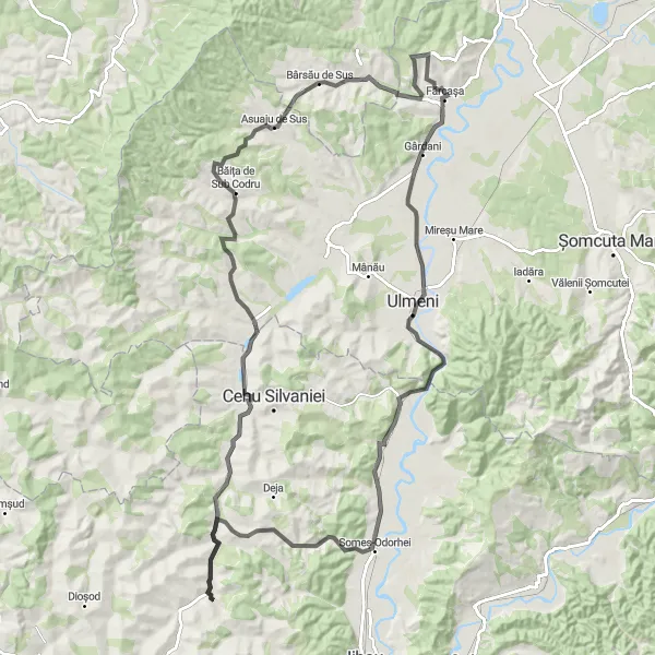 Map miniature of "Dobrin to Gârdani Loop" cycling inspiration in Nord-Vest, Romania. Generated by Tarmacs.app cycling route planner