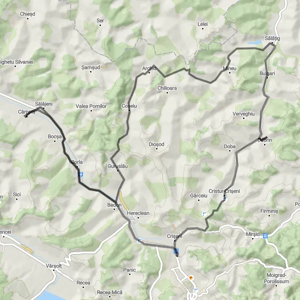 Map miniature of "Scenic Tour through Cristur-Crișeni" cycling inspiration in Nord-Vest, Romania. Generated by Tarmacs.app cycling route planner