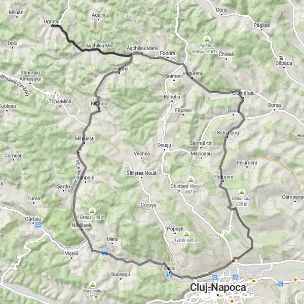 Map miniature of "The Mountainous Loop" cycling inspiration in Nord-Vest, Romania. Generated by Tarmacs.app cycling route planner