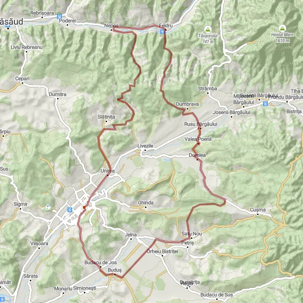 Map miniature of "Hidden Trails: Feldru Expedition" cycling inspiration in Nord-Vest, Romania. Generated by Tarmacs.app cycling route planner