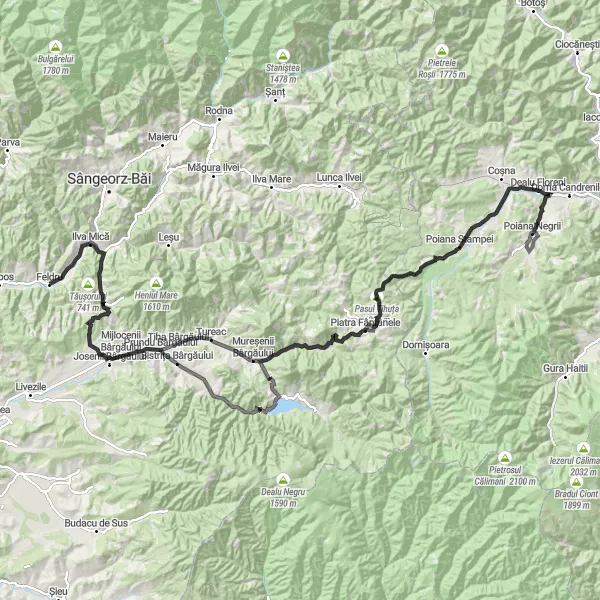 Map miniature of "Mountain Majesty: Feldru Challenge" cycling inspiration in Nord-Vest, Romania. Generated by Tarmacs.app cycling route planner