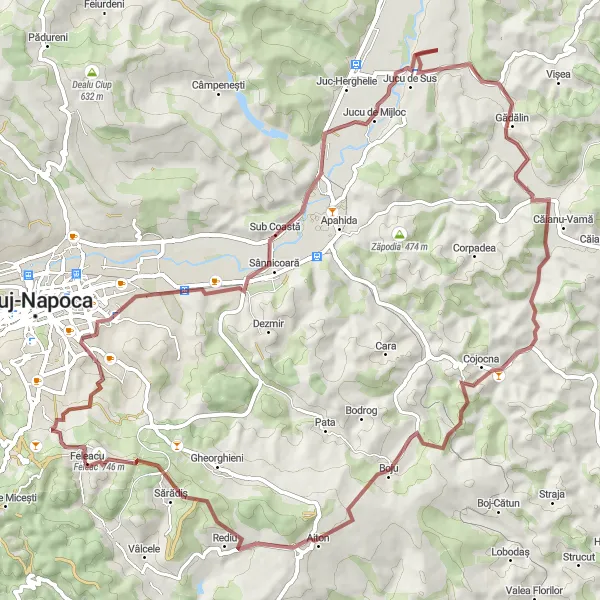 Map miniature of "Feleacu-Off-road Challenge" cycling inspiration in Nord-Vest, Romania. Generated by Tarmacs.app cycling route planner