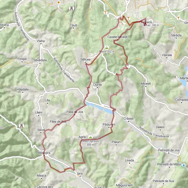 Map miniature of "Feleacu-Gravel Adventure" cycling inspiration in Nord-Vest, Romania. Generated by Tarmacs.app cycling route planner