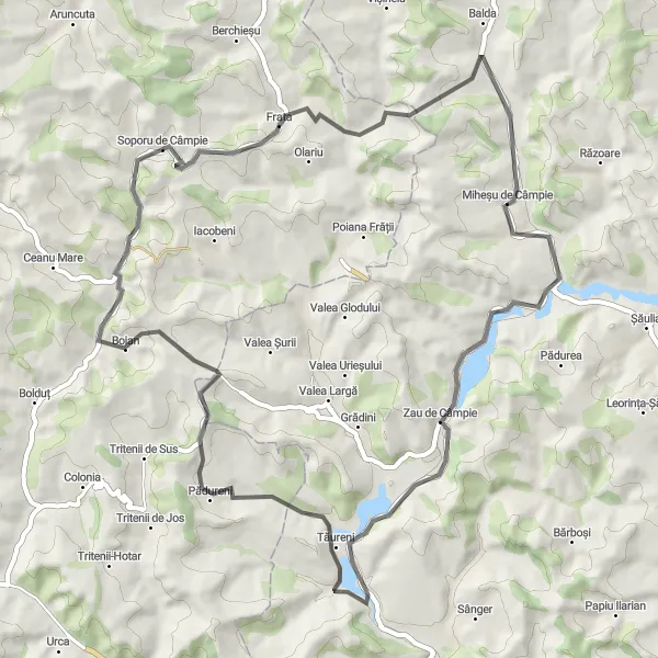 Map miniature of "Miheșu de Câmpie Circuit - Exploring Hilly Terrain" cycling inspiration in Nord-Vest, Romania. Generated by Tarmacs.app cycling route planner