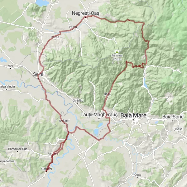 Map miniature of "Mountainous gravel ride through Gârdani, Seini, and Buzești" cycling inspiration in Nord-Vest, Romania. Generated by Tarmacs.app cycling route planner