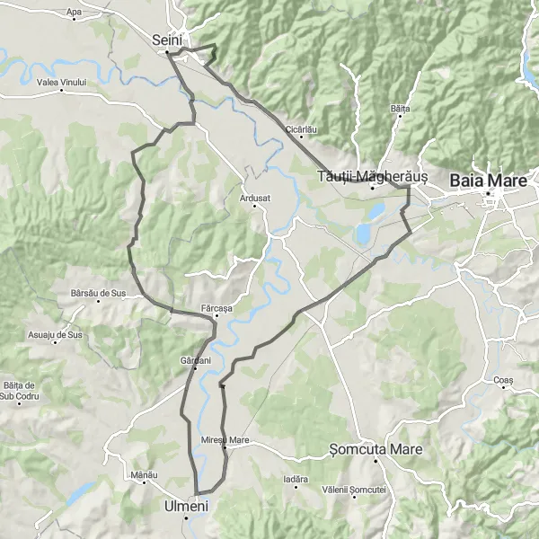 Map miniature of "Challenging road ride through Mireșu Mare, Pomi, and Dăneștii Chioarului" cycling inspiration in Nord-Vest, Romania. Generated by Tarmacs.app cycling route planner