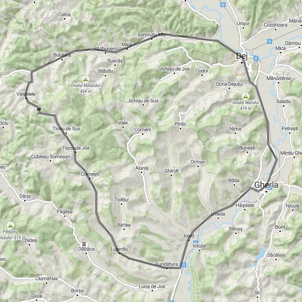 Map miniature of "A Scenic Road Cycling Tour of Tiocu de Jos and Dej" cycling inspiration in Nord-Vest, Romania. Generated by Tarmacs.app cycling route planner