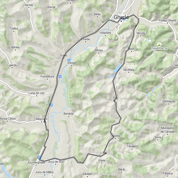 Map miniature of "Journey Through Bonț and Livada on a Scenic Road Cycling Route" cycling inspiration in Nord-Vest, Romania. Generated by Tarmacs.app cycling route planner