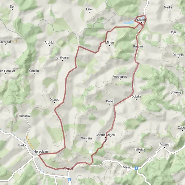 Map miniature of "Dioșod and Sălățig Gravel Ride" cycling inspiration in Nord-Vest, Romania. Generated by Tarmacs.app cycling route planner