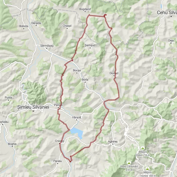 Map miniature of "Crasna and Meseșenii de Jos Gravel Route" cycling inspiration in Nord-Vest, Romania. Generated by Tarmacs.app cycling route planner