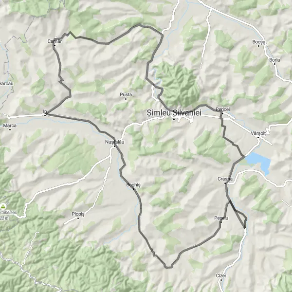 Map miniature of "Road Cycling Adventure to Boghiș, Muntele Sfintei Treimi, Ip, Carastelec, Cehei, Pericei, and Crasna" cycling inspiration in Nord-Vest, Romania. Generated by Tarmacs.app cycling route planner