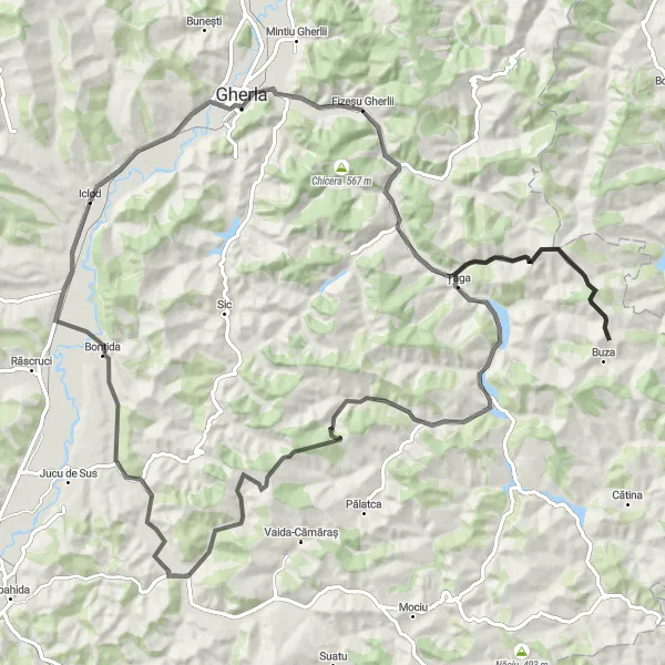 Map miniature of "Iclod - Fizeșu Gherlii - Sântioana - Sucutard - Mureșenii de Câmpie - Bărăi - Bonțida - Iclod" cycling inspiration in Nord-Vest, Romania. Generated by Tarmacs.app cycling route planner