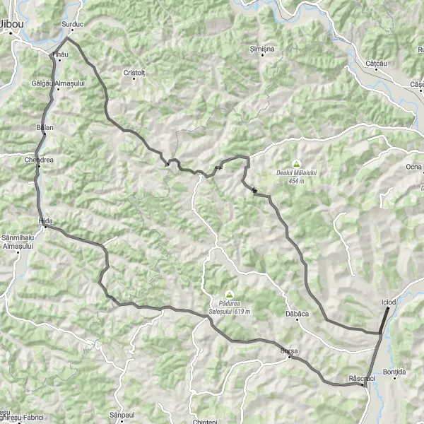 Map miniature of "Iclod - Castelul Bánffy în Răscruci - Vultureni - Așchileu Mic - Hida - Chendrea - Pustuța - Stoiana - Iclod" cycling inspiration in Nord-Vest, Romania. Generated by Tarmacs.app cycling route planner