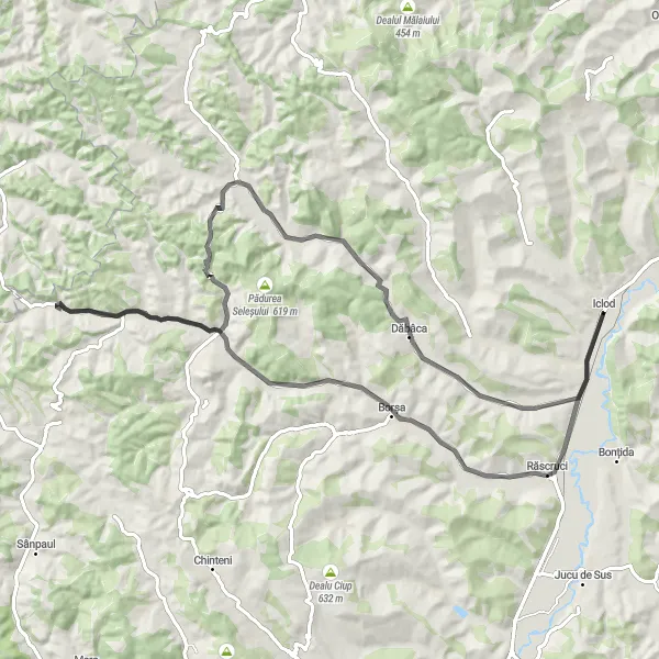 Map miniature of "Iclod - Răscruci - Vultureni - Așchileu Mic - Panticeu - Luna de Jos - Iclod" cycling inspiration in Nord-Vest, Romania. Generated by Tarmacs.app cycling route planner
