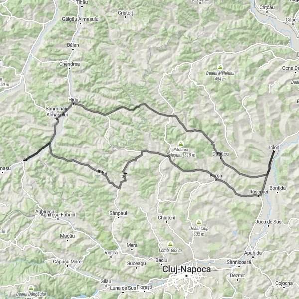 Map miniature of "Iclod to Răscruci Road Bike Route" cycling inspiration in Nord-Vest, Romania. Generated by Tarmacs.app cycling route planner