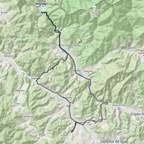 Map miniature of "Roads Less Traveled" cycling inspiration in Nord-Vest, Romania. Generated by Tarmacs.app cycling route planner