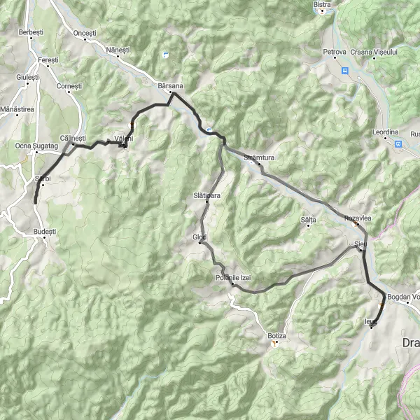 Map miniature of "The Scenic Road Trip" cycling inspiration in Nord-Vest, Romania. Generated by Tarmacs.app cycling route planner