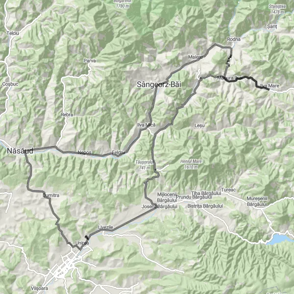 Map miniature of "Bârgău Valley Ride" cycling inspiration in Nord-Vest, Romania. Generated by Tarmacs.app cycling route planner