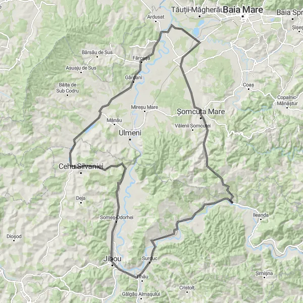 Map miniature of "Jibou Loop: Ancient Villages and River Landscapes" cycling inspiration in Nord-Vest, Romania. Generated by Tarmacs.app cycling route planner