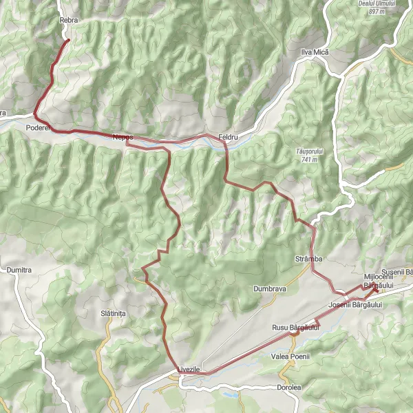 Map miniature of "Gravel Adventure through Bârgău Mountains" cycling inspiration in Nord-Vest, Romania. Generated by Tarmacs.app cycling route planner