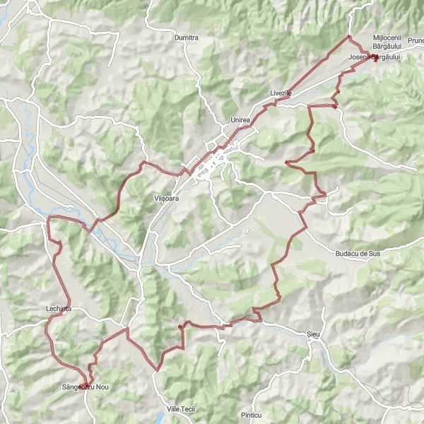 Map miniature of "Bârgău Gravel Delight" cycling inspiration in Nord-Vest, Romania. Generated by Tarmacs.app cycling route planner