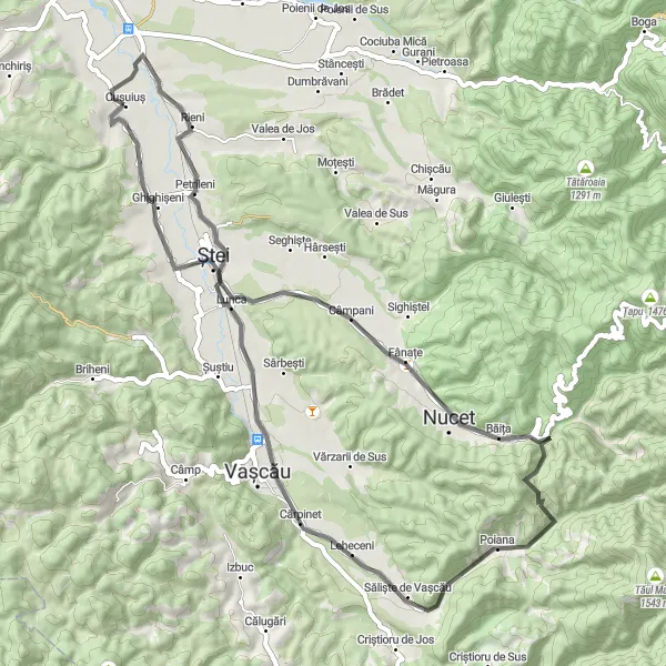 Map miniature of "Lazuri de Beiuş to Câmpani Round-trip" cycling inspiration in Nord-Vest, Romania. Generated by Tarmacs.app cycling route planner