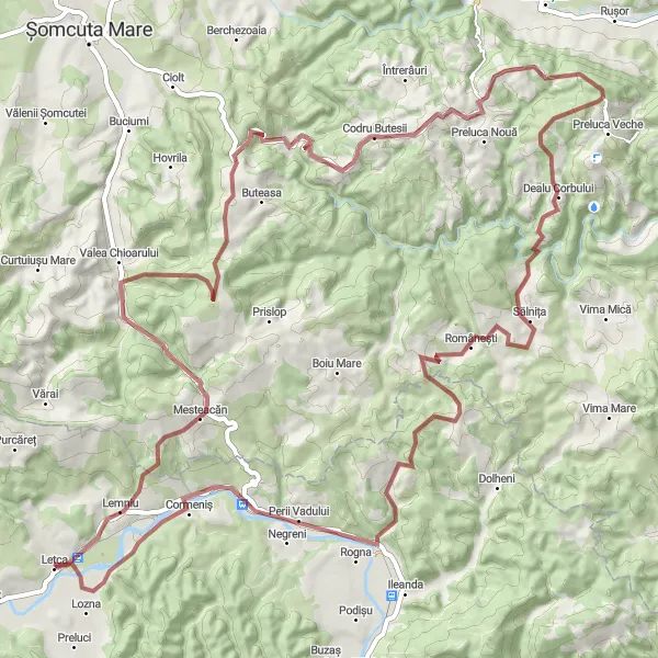 Map miniature of "Explore the Beautiful Landscapes of Codru Butesii on a Gravel Route" cycling inspiration in Nord-Vest, Romania. Generated by Tarmacs.app cycling route planner