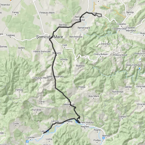 Map miniature of "Challenging Climb to Valea Chioarului" cycling inspiration in Nord-Vest, Romania. Generated by Tarmacs.app cycling route planner