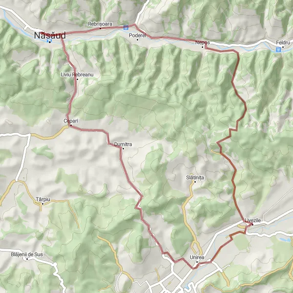 Map miniature of "The Năsăud Gravel Escape" cycling inspiration in Nord-Vest, Romania. Generated by Tarmacs.app cycling route planner