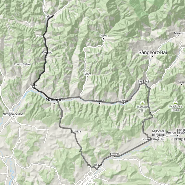 Map miniature of "The Telciu Road Challenge" cycling inspiration in Nord-Vest, Romania. Generated by Tarmacs.app cycling route planner