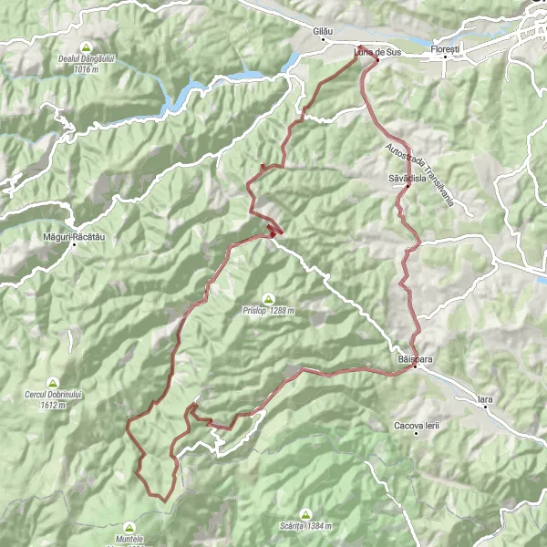 Map miniature of "Gravel Adventure through the Highland Villages" cycling inspiration in Nord-Vest, Romania. Generated by Tarmacs.app cycling route planner