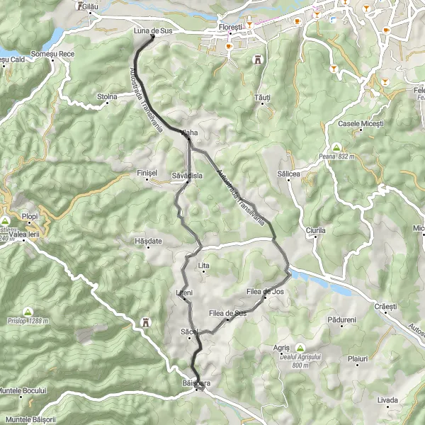 Map miniature of "Countryside Serenity" cycling inspiration in Nord-Vest, Romania. Generated by Tarmacs.app cycling route planner