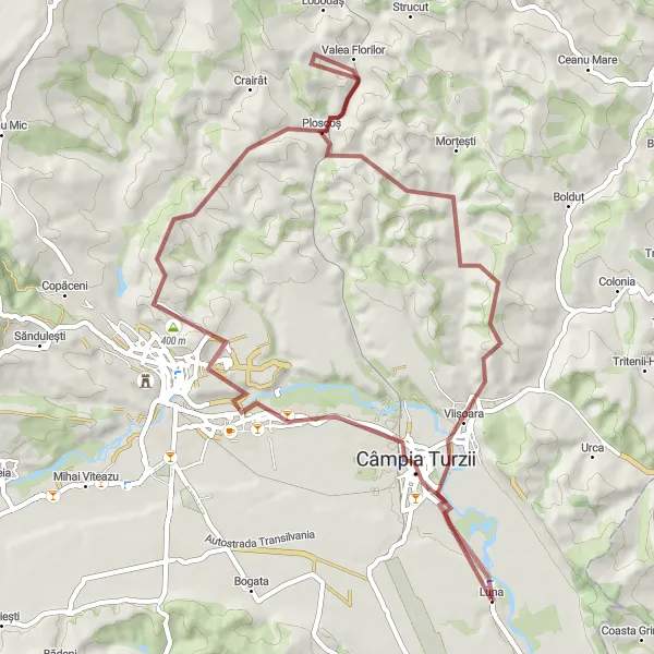 Map miniature of "Luna to Câmpia Turzii Gravel Route" cycling inspiration in Nord-Vest, Romania. Generated by Tarmacs.app cycling route planner
