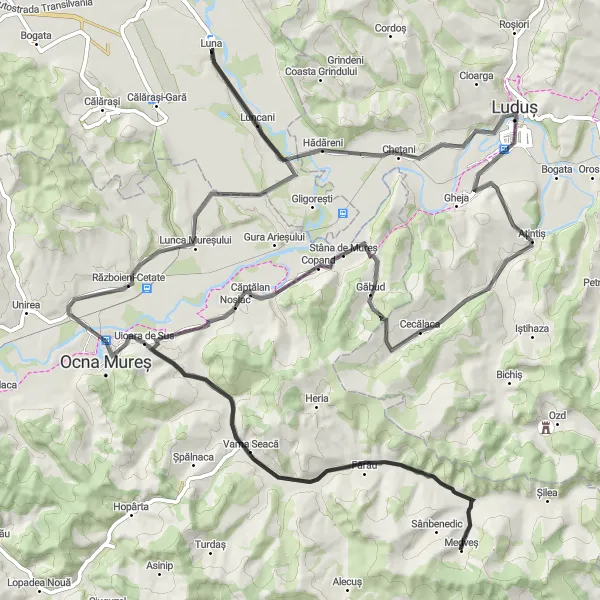Map miniature of "Luna - Ocna Mureș - Castelul Kemeny-Banffy Loop" cycling inspiration in Nord-Vest, Romania. Generated by Tarmacs.app cycling route planner