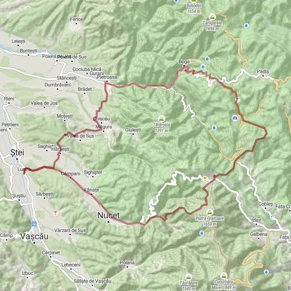 Map miniature of "Dealu Burdanului to Câmpani Gravel Cycling Route" cycling inspiration in Nord-Vest, Romania. Generated by Tarmacs.app cycling route planner