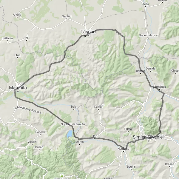 Map miniature of "Bihor County Road Cycling Adventure" cycling inspiration in Nord-Vest, Romania. Generated by Tarmacs.app cycling route planner